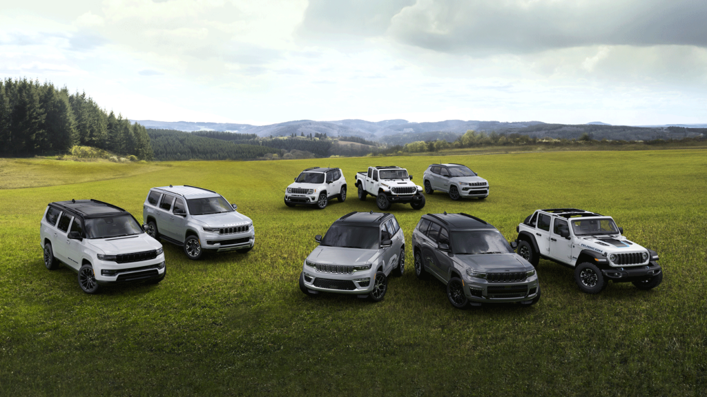 Jeep SUVs from the Stellantis lineup parked outdoors in a natural setting