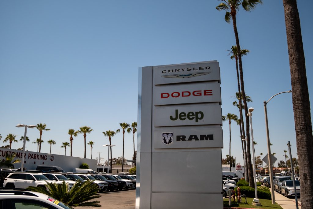 Tustin Chrysler Dodge Jeep Ram Location Tustin Chrysler Dodge Jeep Ram roadside sign in Orange County, California