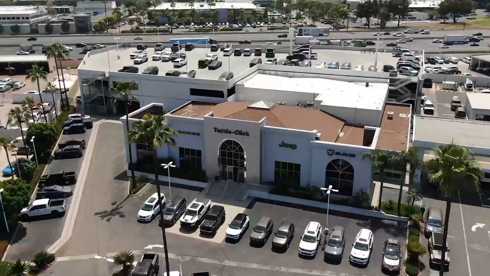 Aerial view of Tuttle-Click Chrysler Dodge Jeep Ram dealership in Tustin, California